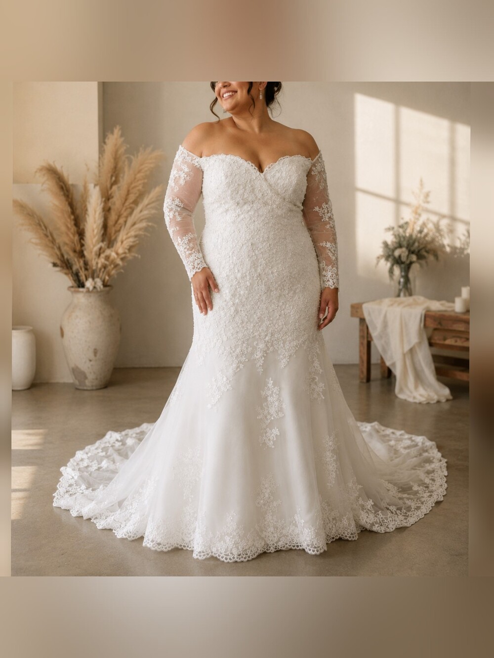 Off shoulder Long Sleeve lace fit and flare White Wedding Dress plus sz 20